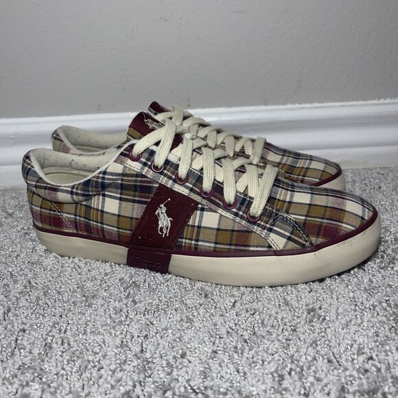 Polo Ralph Lauren Shoes Harold Canvas Madras Plaid Red/White Sneakers Size 9D - Picture 4 of 9